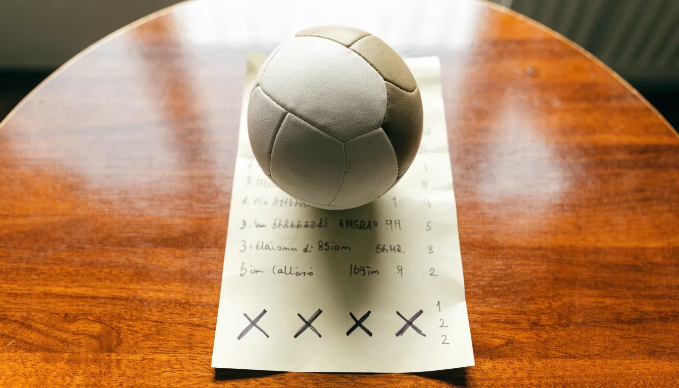 Un pallone da calcio appoggiato su una schedina bianca su un tavolo di legno, alla luce del giorno