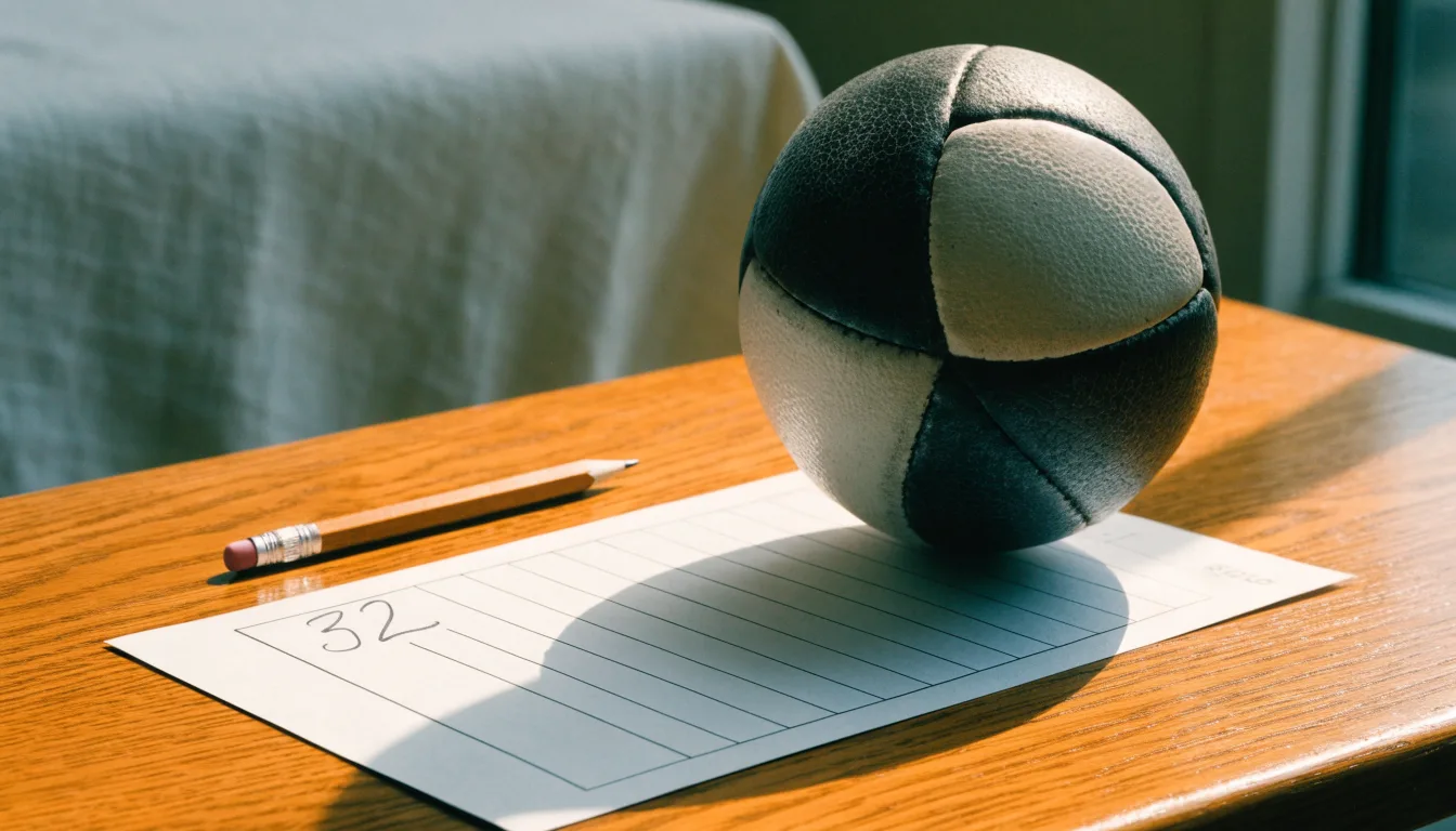 Un pallone da calcio appoggiato su una schedina bianca su un tavolo di legno, alla luce del giorno
