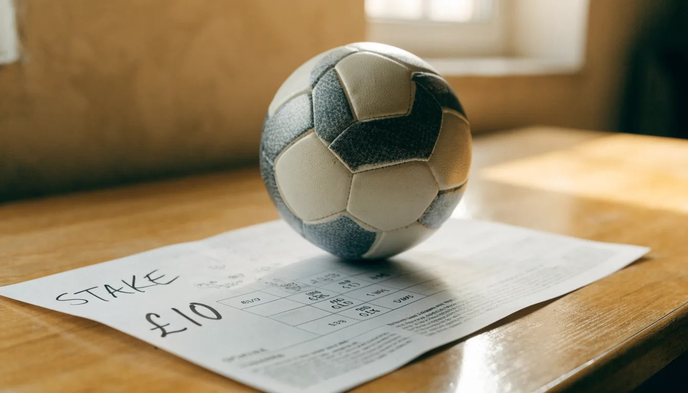 Un pallone da calcio appoggiato su una schedina bianca su un tavolo di legno, alla luce del giorno