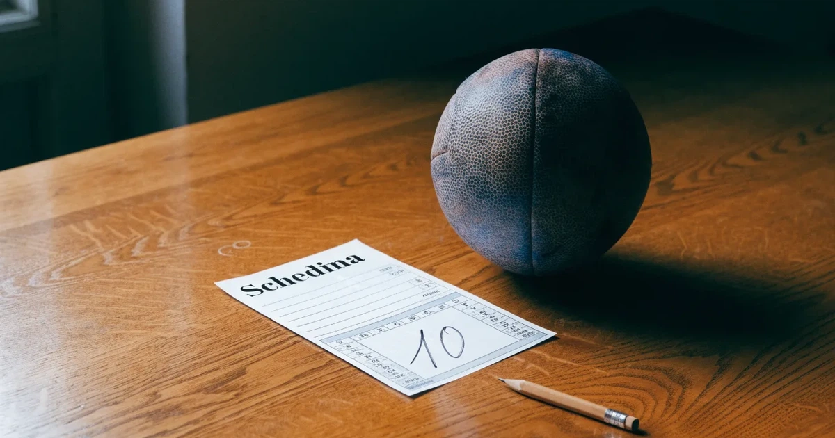 Un pallone da calcio appoggiato su una schedina bianca su un tavolo di legno, alla luce del giorno