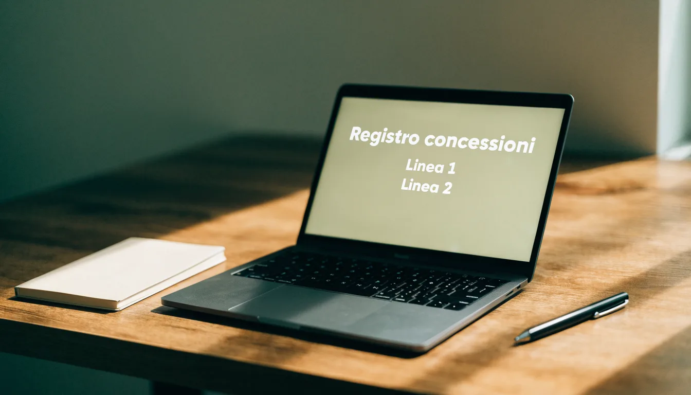 Un foglio di concessione in carta con un timbro rosso, appoggiato su una scrivania di legno accanto a una penna