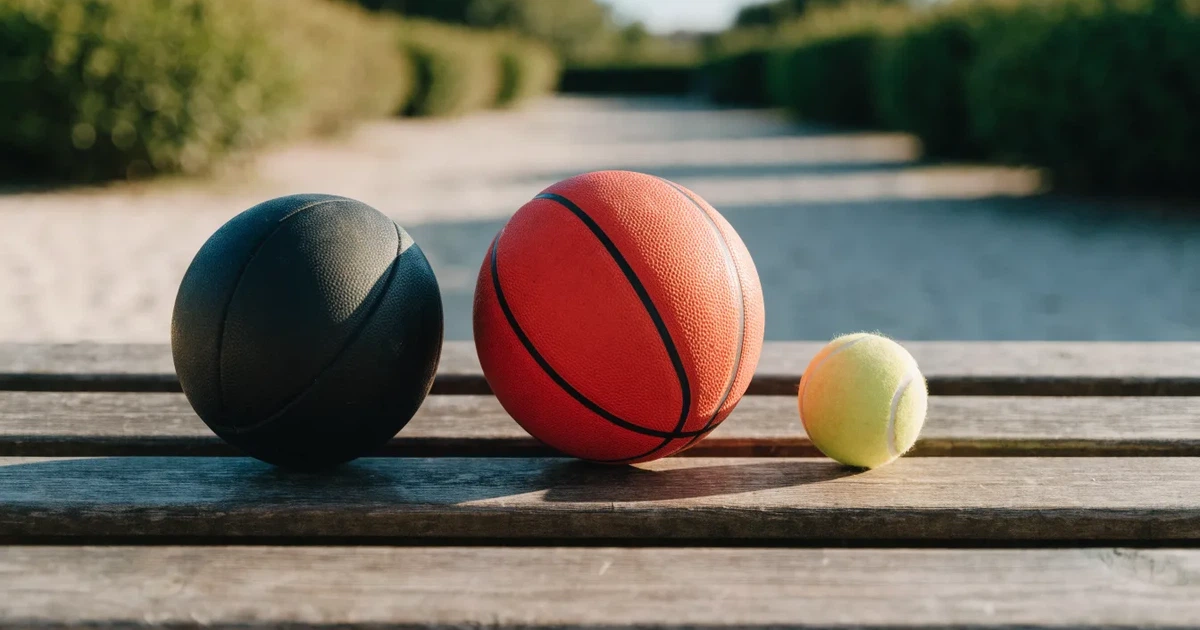 Tre palloni di sport diversi allineati uno accanto all'altro su una panca di legno