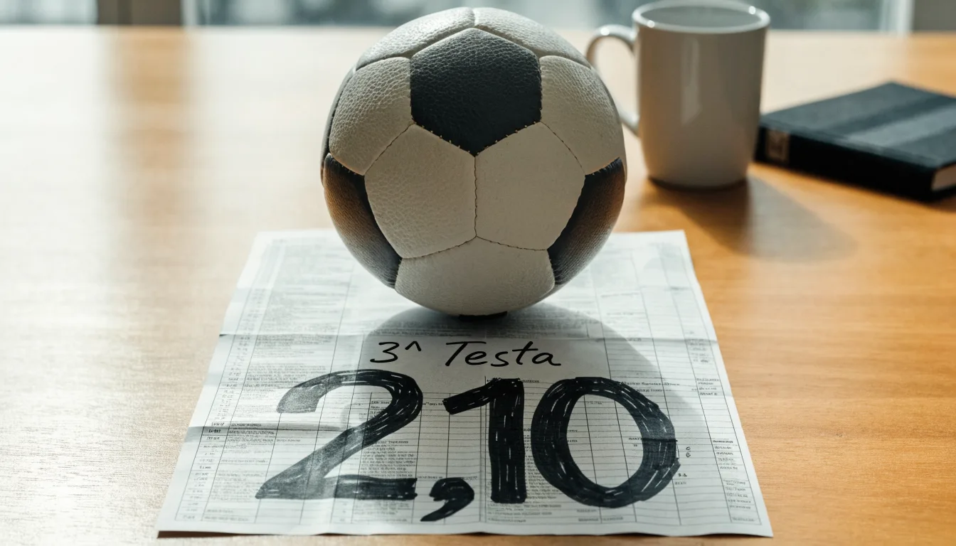 Un pallone da calcio appoggiato su una schedina bianca su un tavolo di legno, alla luce del giorno