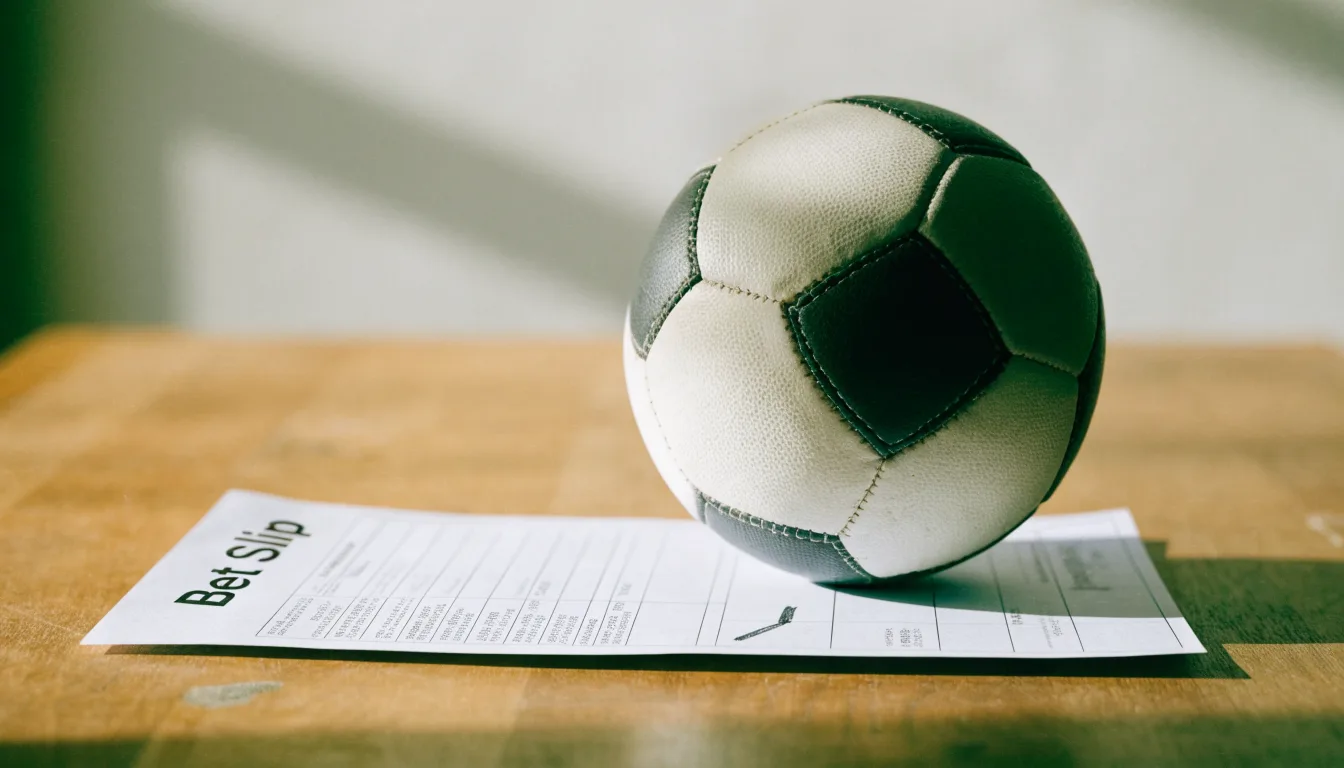 Un pallone da calcio appoggiato su una schedina bianca su un tavolo di legno, alla luce del giorno