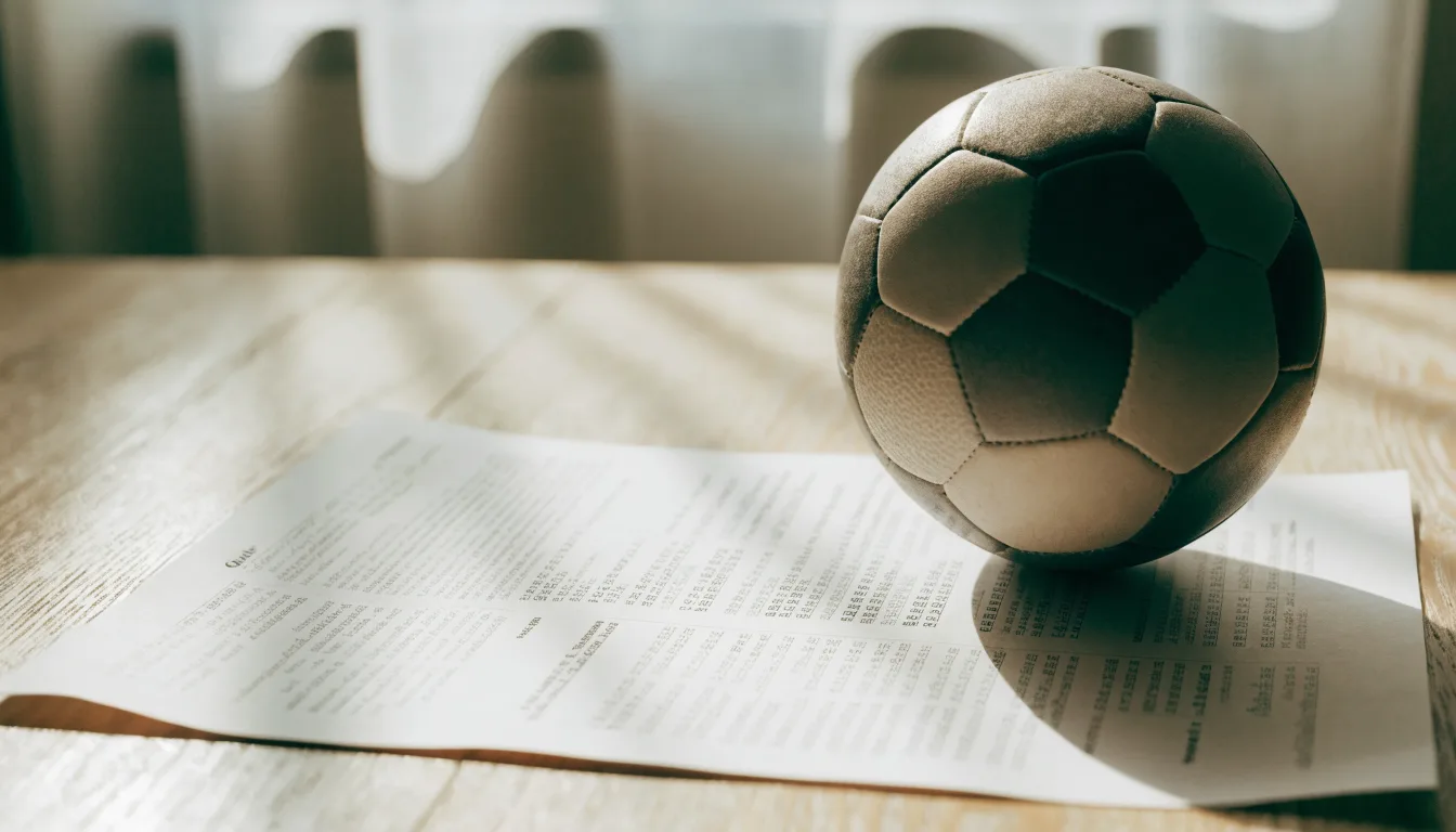 Un pallone da calcio appoggiato su una schedina bianca su un tavolo di legno, alla luce del giorno