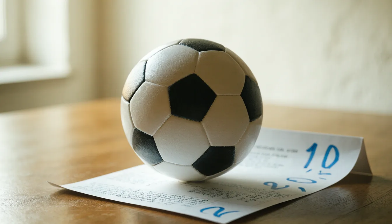 Un pallone da calcio appoggiato su una schedina bianca su un tavolo di legno, alla luce del giorno