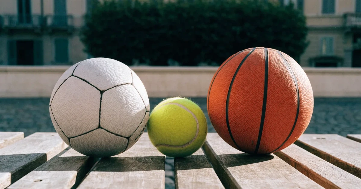 Tre palloni di sport diversi allineati uno accanto all'altro su una panca di legno