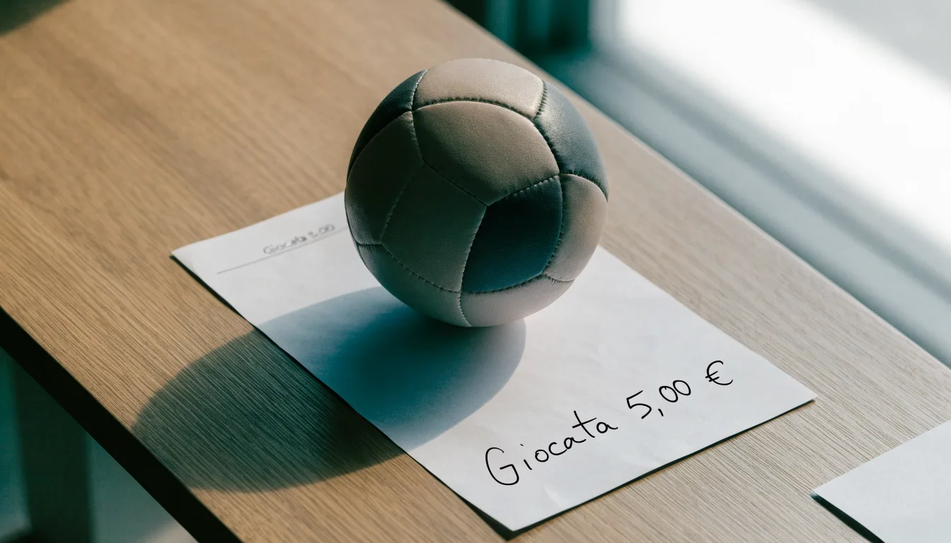 Un pallone da calcio appoggiato su una schedina bianca su un tavolo di legno, alla luce del giorno