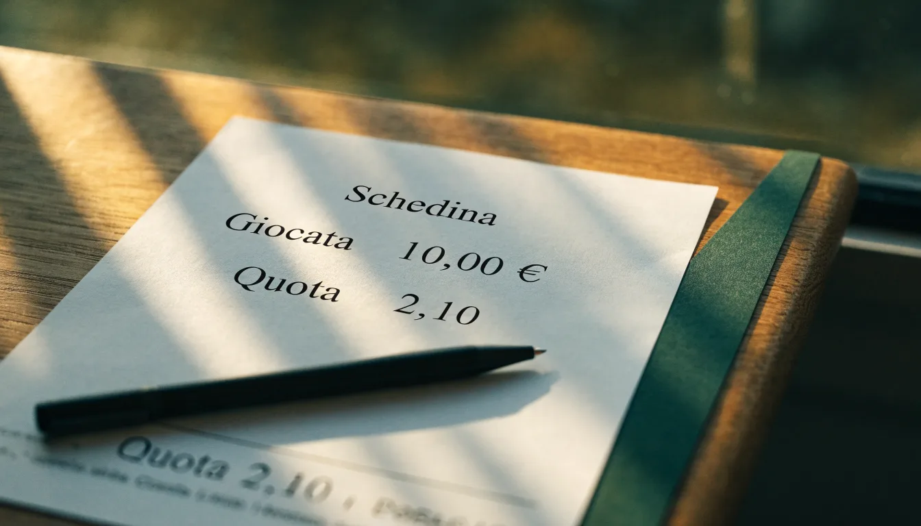 Un foglio di concessione in carta con un timbro rosso, appoggiato su una scrivania di legno accanto a una penna