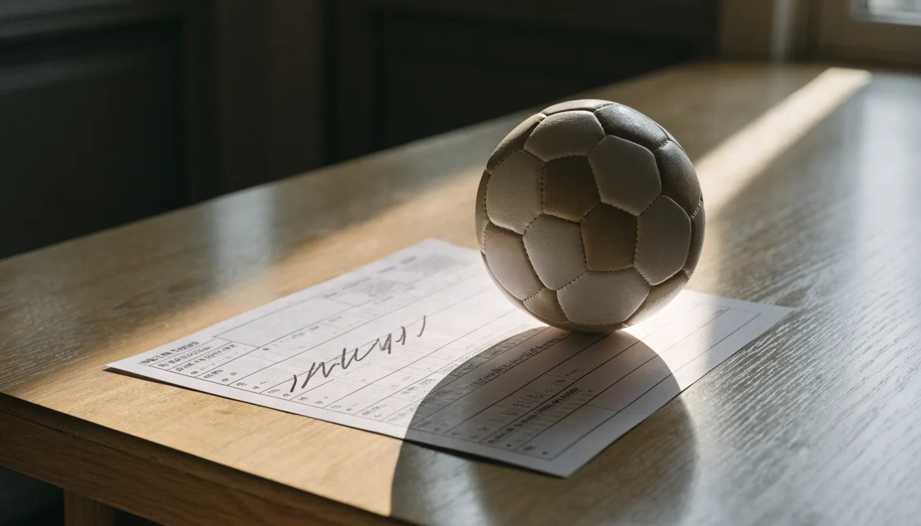 Un pallone da calcio appoggiato su una schedina bianca su un tavolo di legno, alla luce del giorno