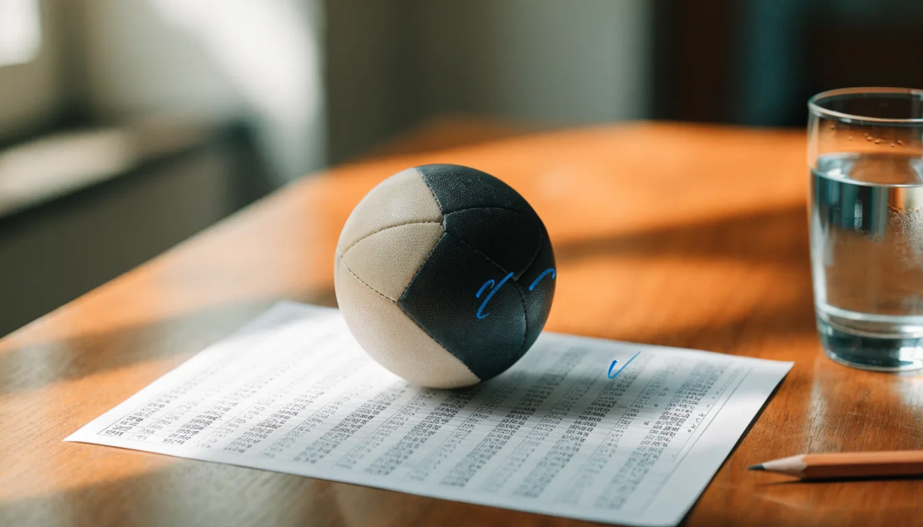 Un pallone da calcio appoggiato su una schedina bianca su un tavolo di legno, alla luce del giorno
