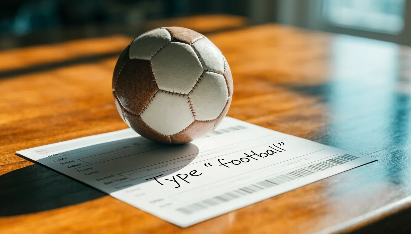 Un pallone da calcio appoggiato su una schedina bianca su un tavolo di legno, alla luce del giorno