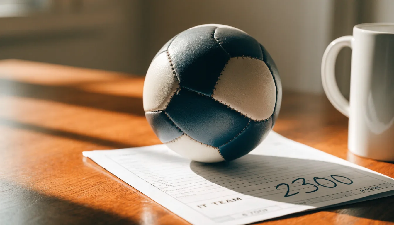 Un pallone da calcio appoggiato su una schedina bianca su un tavolo di legno, alla luce del giorno