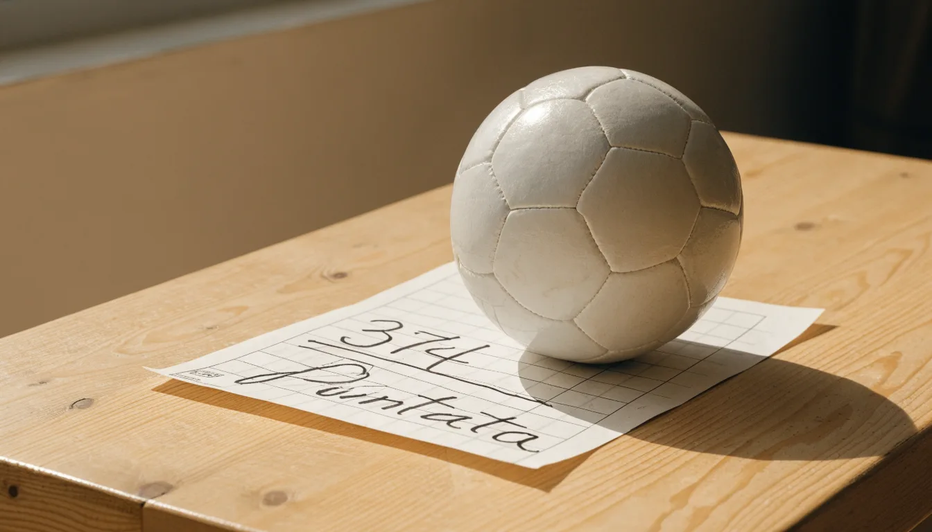 Un pallone da calcio appoggiato su una schedina bianca su un tavolo di legno, alla luce del giorno