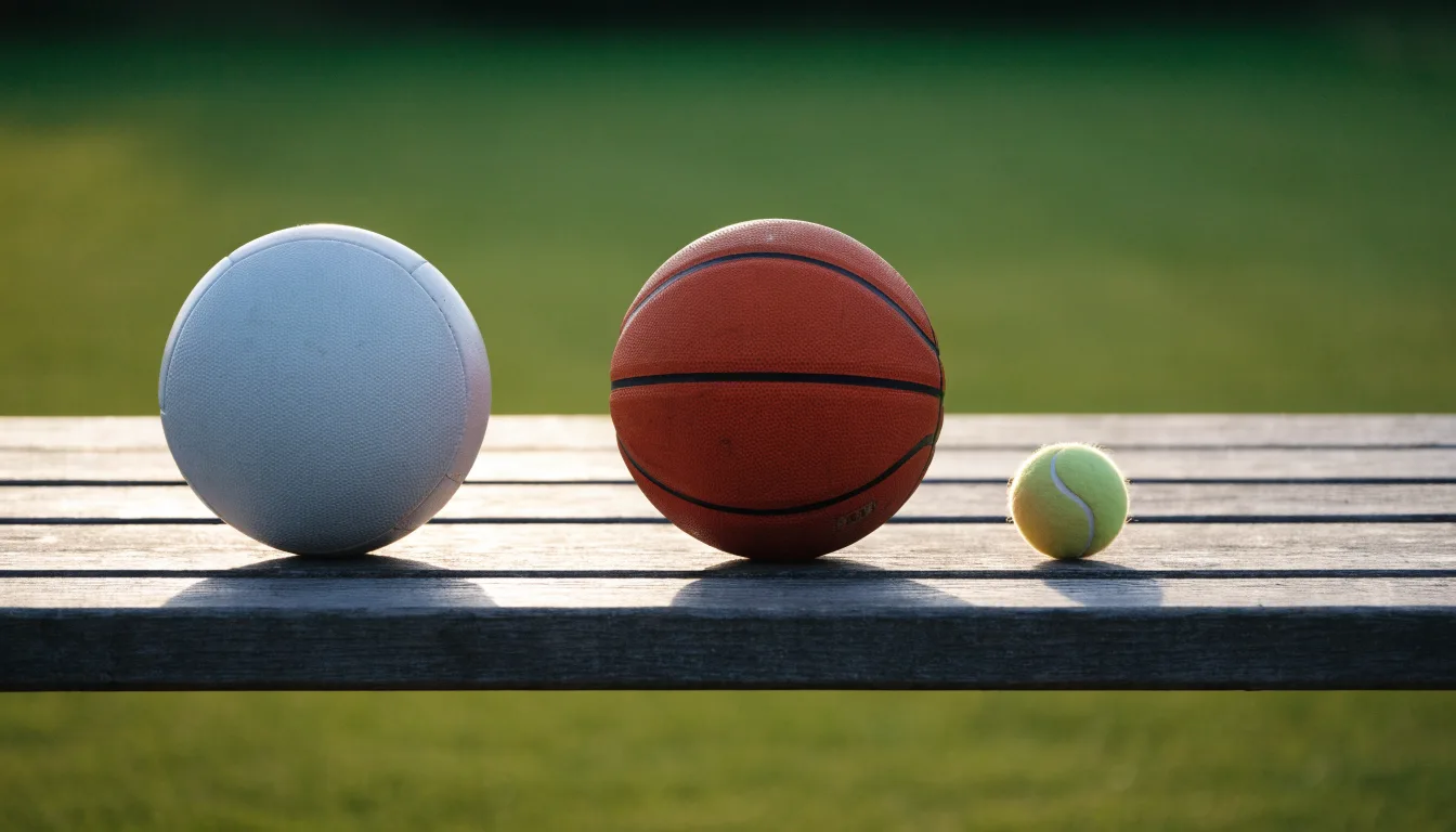 Tre palloni di sport diversi allineati uno accanto all'altro su una panca di legno