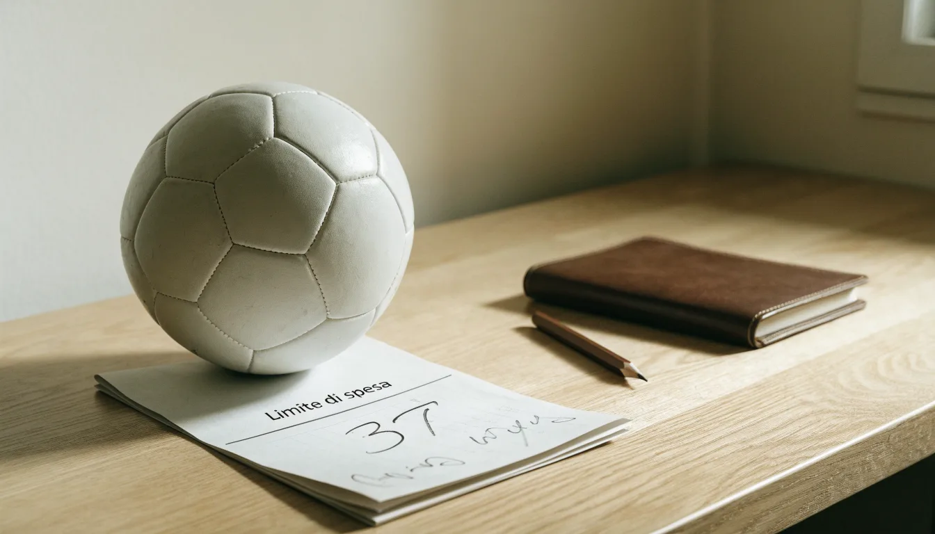 Un pallone da calcio appoggiato su una schedina bianca su un tavolo di legno, alla luce del giorno