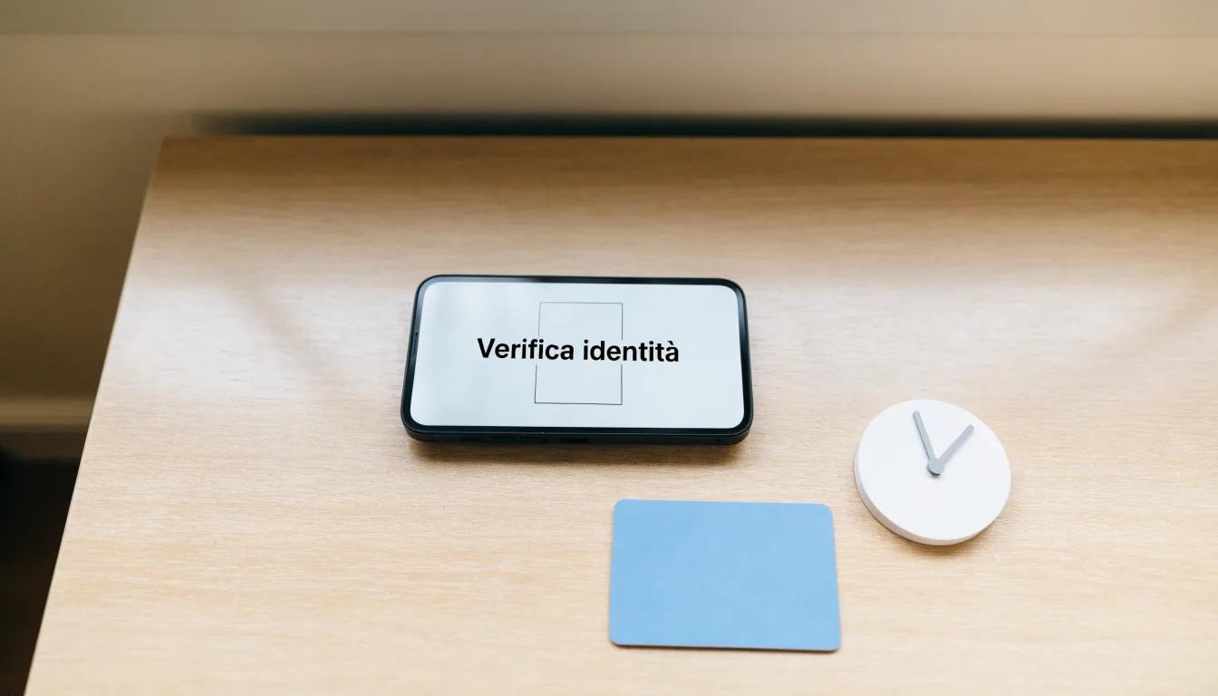 Un documento di identità appoggiato accanto a uno smartphone con un timer sullo schermo, su un tavolo da cucina