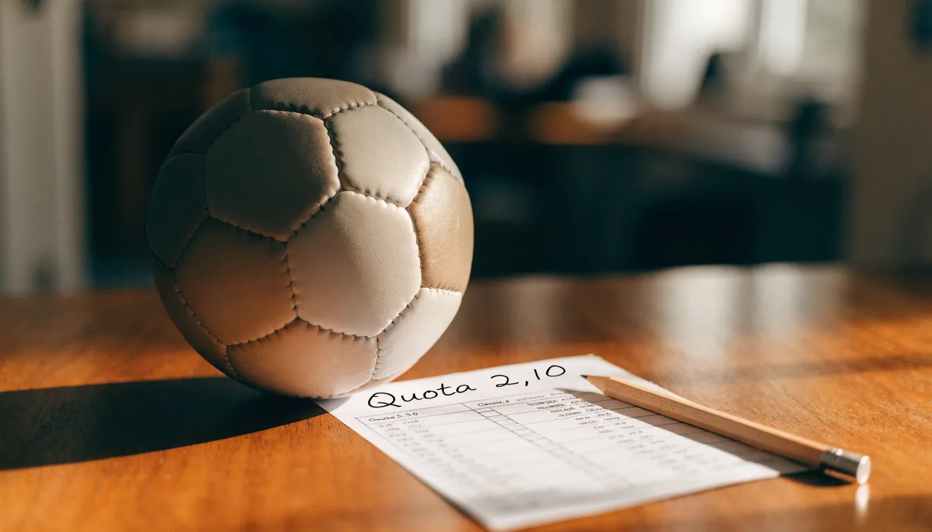 Un pallone da calcio appoggiato su una schedina bianca su un tavolo di legno, alla luce del giorno