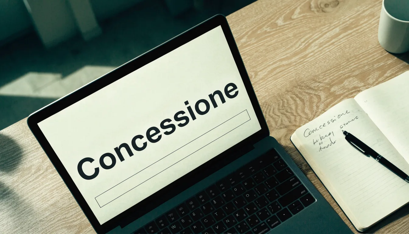 Un foglio di concessione in carta con un timbro rosso, appoggiato su una scrivania di legno accanto a una penna