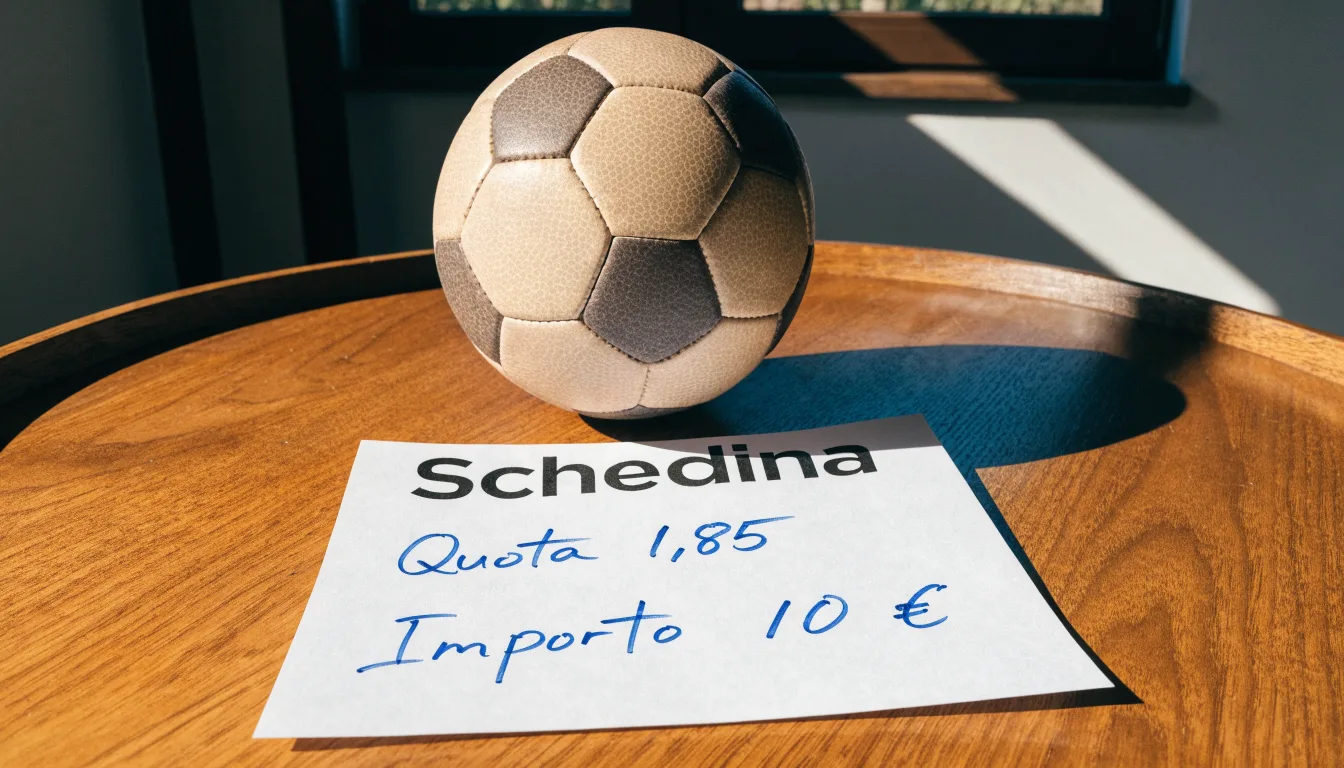 Un pallone da calcio appoggiato su una schedina bianca su un tavolo di legno, alla luce del giorno