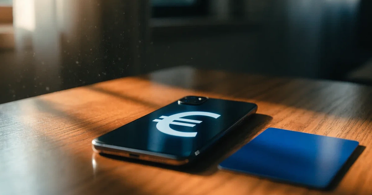 Uno smartphone e una carta di pagamento affiancati su un tavolo di legno, con alcune banconote da euro accanto