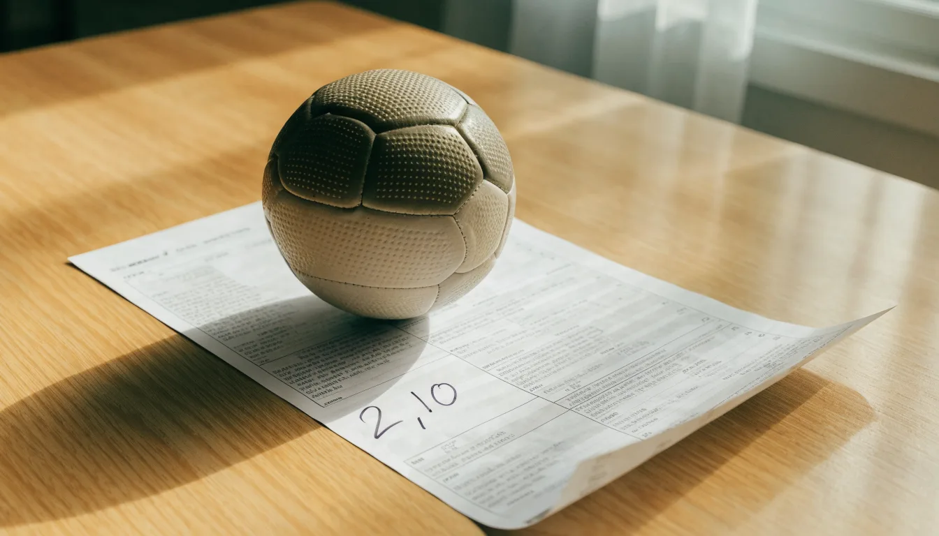 Un pallone da calcio appoggiato su una schedina bianca su un tavolo di legno, alla luce del giorno