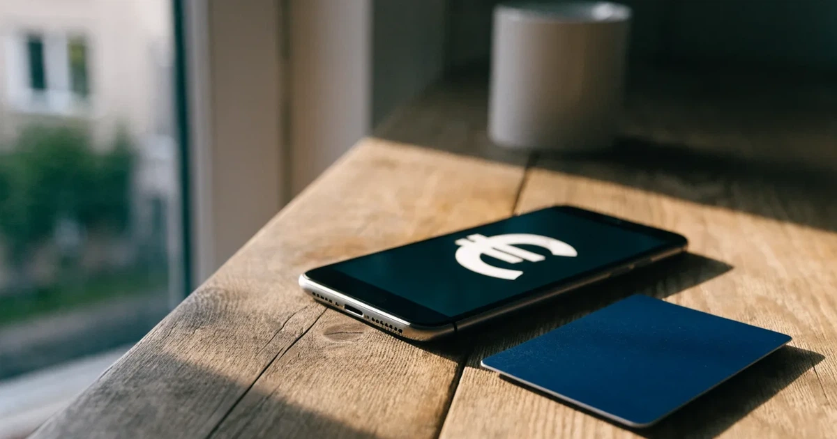 Uno smartphone e una carta di pagamento affiancati su un tavolo di legno, con alcune banconote da euro accanto