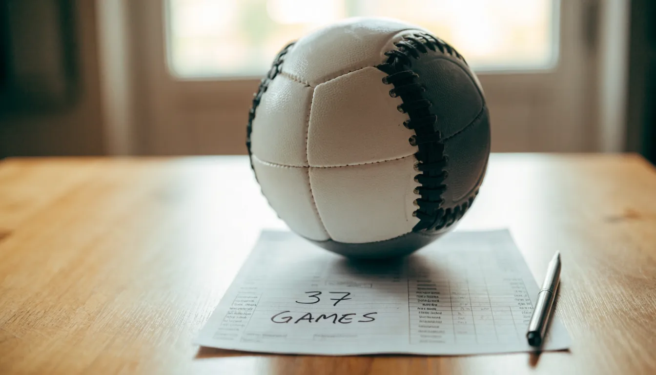 Un pallone da calcio appoggiato su una schedina bianca su un tavolo di legno, alla luce del giorno