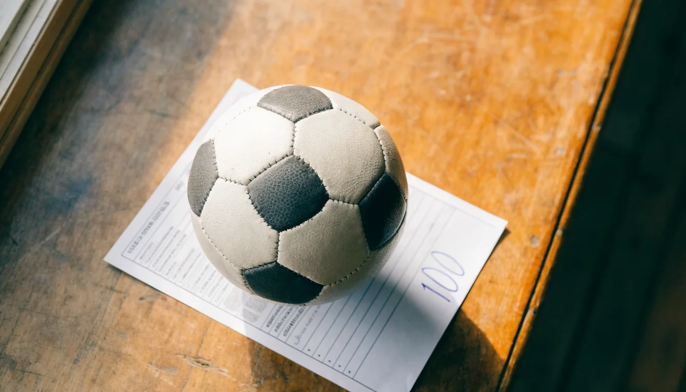 Un pallone da calcio appoggiato su una schedina bianca su un tavolo di legno, alla luce del giorno