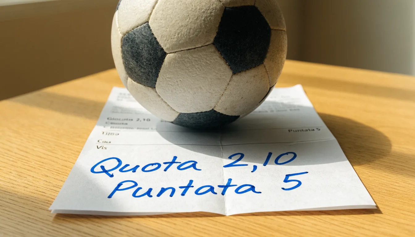 Un pallone da calcio appoggiato su una schedina bianca su un tavolo di legno, alla luce del giorno