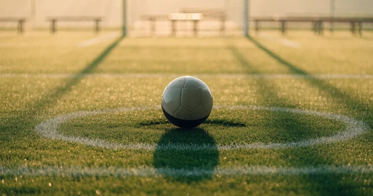 Un pallone da calcio sul dischetto del centrocampo di un prato, alla luce del mattino