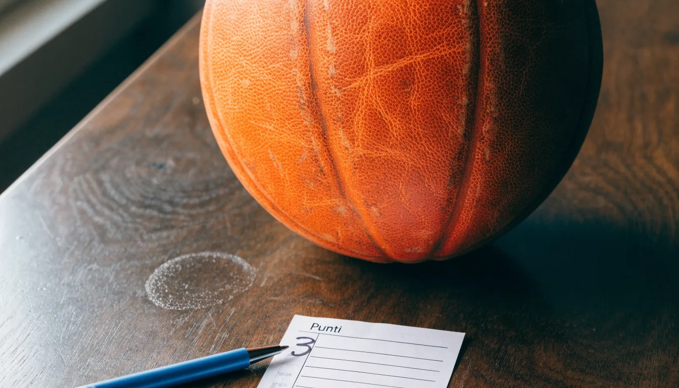 Un pallone da calcio appoggiato su una schedina bianca su un tavolo di legno, alla luce del giorno