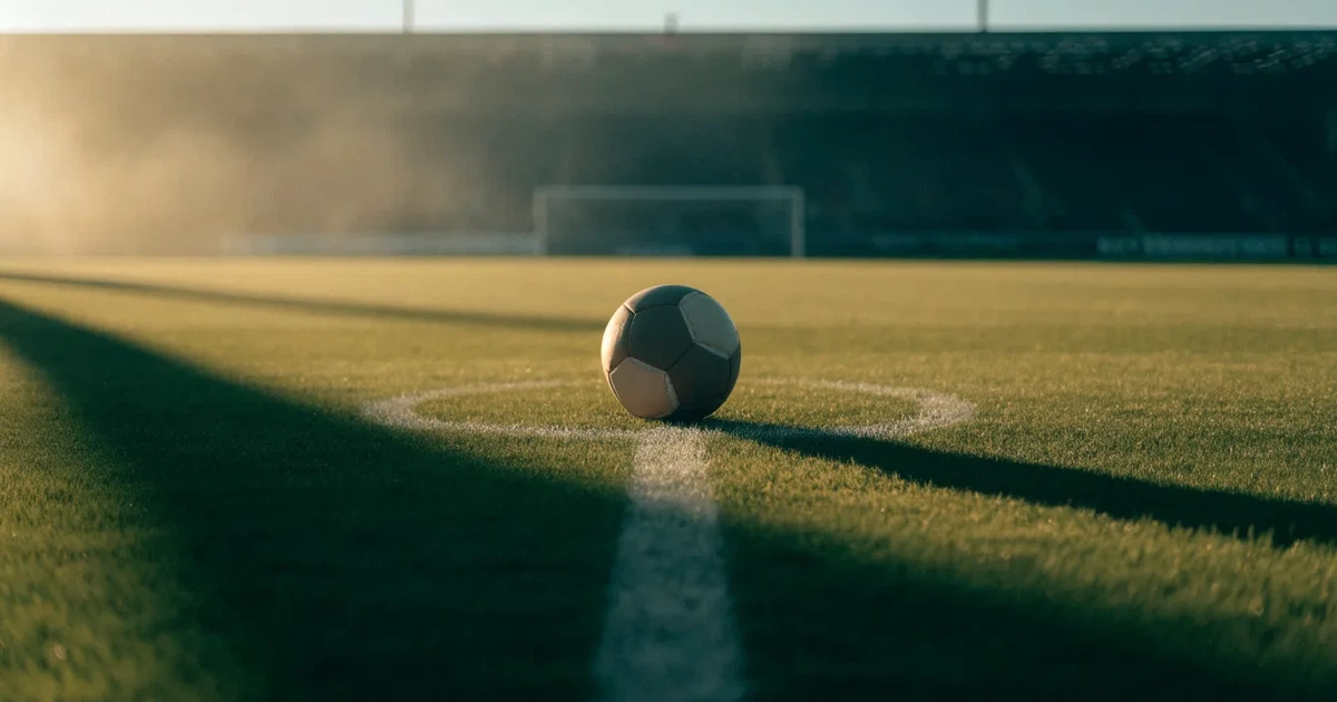 Un pallone da calcio sul dischetto del centrocampo di un prato, alla luce del mattino