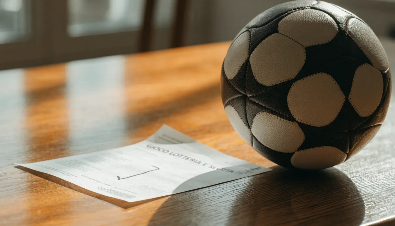 Un pallone da calcio appoggiato su una schedina bianca su un tavolo di legno, alla luce del giorno