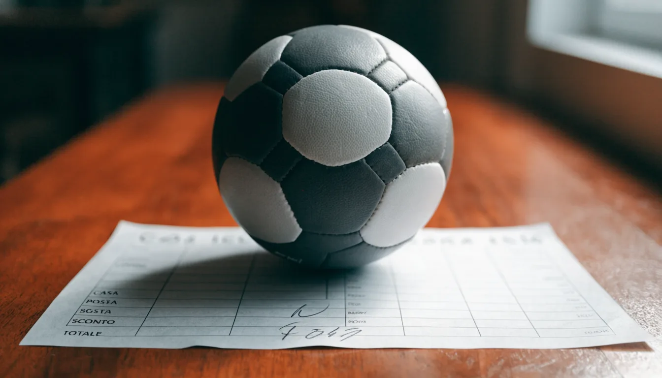 Un pallone da calcio appoggiato su una schedina bianca su un tavolo di legno, alla luce del giorno